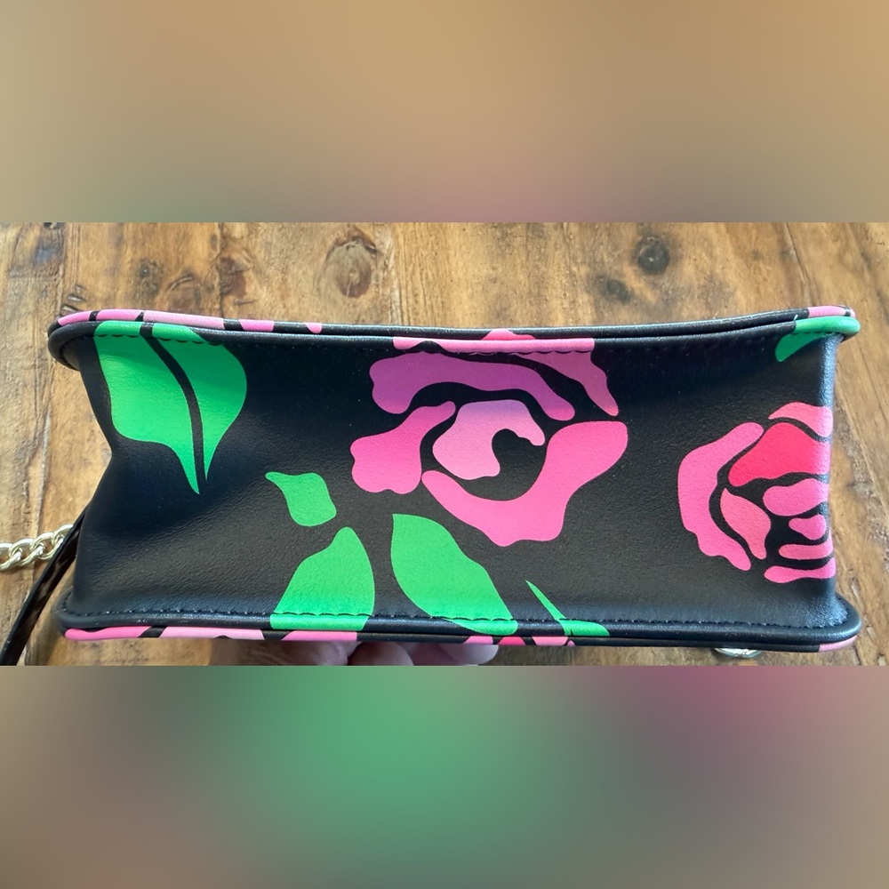 NWOT Betsey Johnson Floral Black Mini Top-Handle/Crossbody Bag with Leopard Trim - Picture 4 of 5